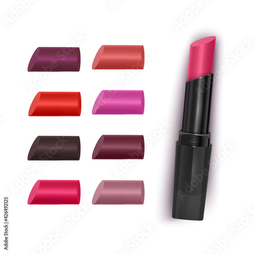 Set of color lipsticks. Red lipstick, Realistic lipstick set isolated on white background