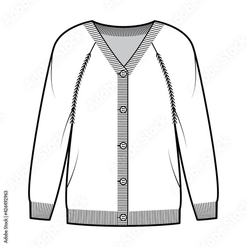 Sweater cardigan technical fashion illustration with V- neck, long raglan sleeves, oversized, fingertip length, knit rib trim. Flat apparel front, white color style. Women, men unisex CAD mockup