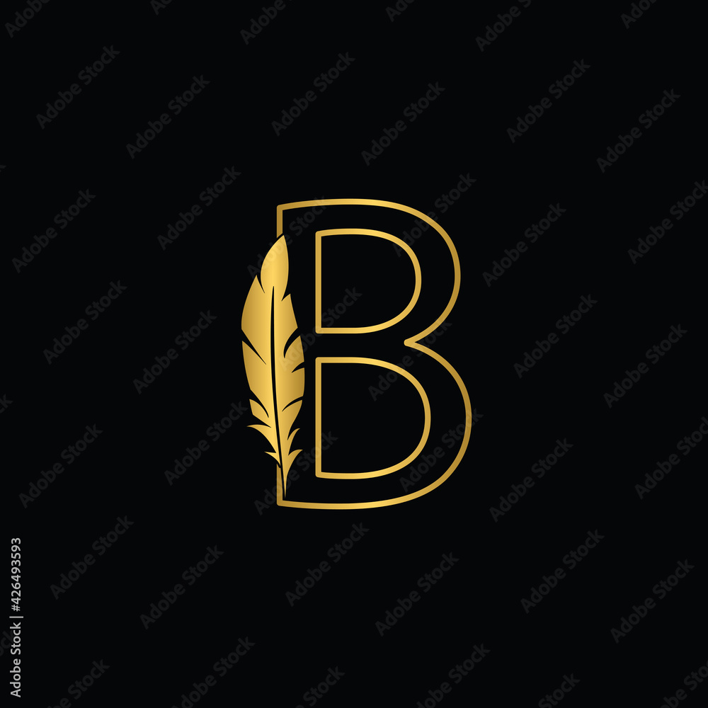 golden  letter B feather letters. Vintage ornament initial Alphabet. Logo vector  