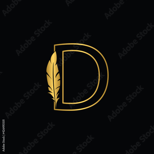 golden letter D feather letters. Vintage ornament initial Alphabet. Logo vector 