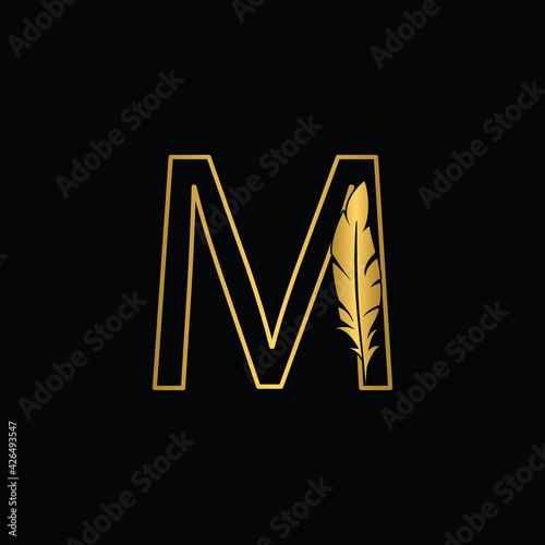 golden letter M feather letters. Vintage ornament initial Alphabet. Logo vector 