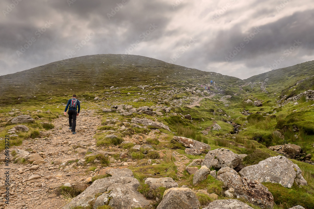 Foot path to the top of Croagh Patrick and one tourist. Low clouds over mountains peak, travel and explore Ireland concept
