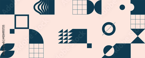 Minimalistic poster with geometric shapes. Modern abstract background. Trendy vector graphic elements.
