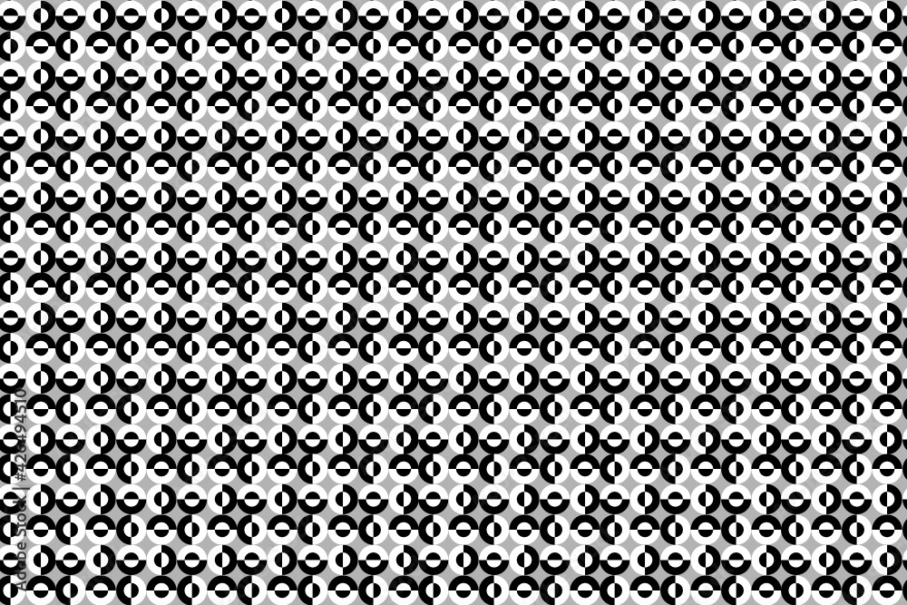 Patrón de círculos formados por mitades en blanco y negro con borde de los mismos colores en negativo sobre fondo gris Patrón de círculos formados por mitades en blanco y negro con borde de los mismos colores en negativo sobre fondo gris
