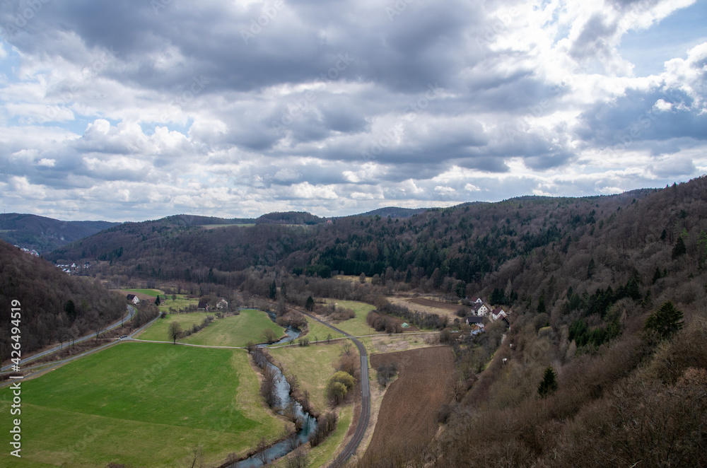 View from the ruins of Neideck Castle into the landscape of the Valley of the Wiesent in Franconian Switzerland, Germany