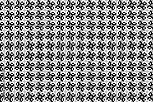 Patrón de círculos formados por mitades en blanco y negro con borde de los mismos colores en negativo sobre fondo gris