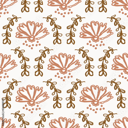 Seamless minimalist doodle floral pattern background. Calm boho earthy tone color wallpaper. Simple modern scandi unisex flower design. Organic childish gender neutral baby all over print. Hand drawn.