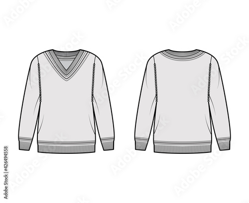 Cricket Sweater technical fashion illustration with stripes, rib V-neck, long sleeves, oversized, hip length, knit cuff trim. Flat apparel front, back, grey color style. Women, men unisex CAD mockup