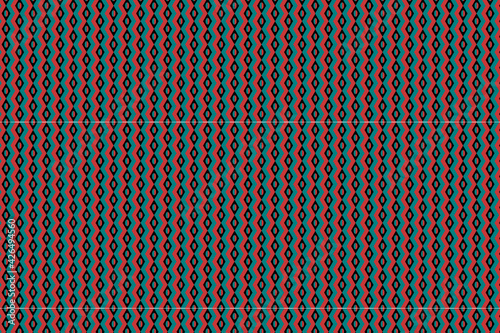 Patrón de rombos negros con óvalos interiores mitad rojo mitad azul y bordes gruesos circundantes en rojo y azul