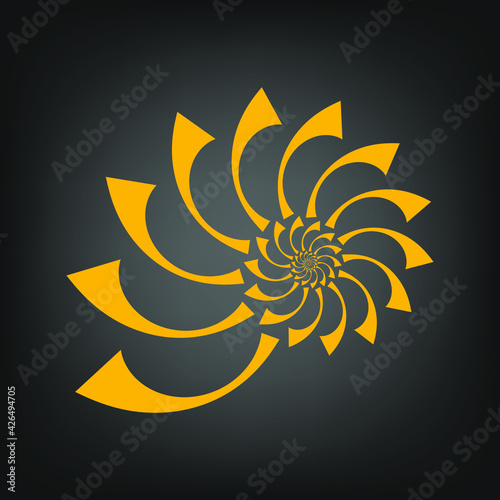Yellow spiral abstract shape. Nautilus form. Geometric art. Gray background. Design element for logo, prints, tattoo, sign, symbol, abstract background, template and textile pattern