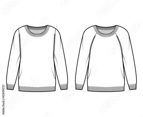 Set of Sweaters round neck technical fashion illustration with long raglan sleeves, oversized, hip length, knit rib cuff trim. Flat jumper apparel front, white color style. Women men unisex CAD mockup