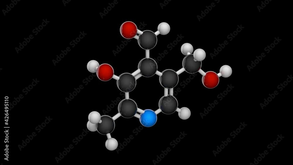 Molecular structure of Vitamin B6 (Pyridoxal). 3D render. Seamless loop. Chemical structure model: Ball and Stick. RGB + Alpha (Transparent) channel. Molecular structure of Vitamin B6 (Pyridoxal). 3D render. Seamless loop. Chemical structure model: Ball and Stick. RGB + Alpha (Transparent) channel.