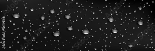 Condensation water drops on dark background. Rain droplets at window glass. Realistic dew, condensate from shower steam or fog. Vector 3d illustration of wet black surface with aqua drops
