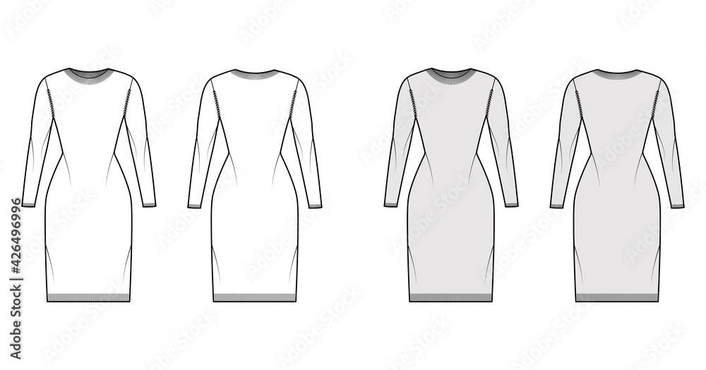 Crew neck dress Sweater technical fashion illustration with long sleeves, slim fit, knee length, knit rib trim. Flat jumper apparel front, back, white grey color style. Women, men unisex CAD mockup Crew neck dress Sweater technical fashion illustration with long sleeves, slim fit, knee length, knit rib trim. Flat jumper apparel front, back, white grey color style. Women, men unisex CAD mockup
