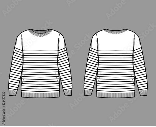 Sailor Sweater Striped Pullover technical fashion illustration with rib crew neck, long sleeves, oversized, hip length, knit cuff. Flat apparel front, back, white color. Women, men unisex CAD mockup