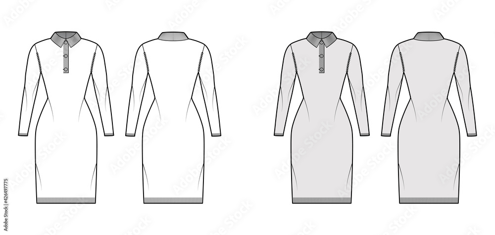 Dress Polo Sweater technical fashion illustration with rib classic collar, long sleeves, relax fit, knee length, knit trim. Flat garment apparel front, back, white grey color. Women, men CAD mockup Dress Polo Sweater technical fashion illustration with rib classic collar, long sleeves, relax fit, knee length, knit trim. Flat garment apparel front, back, white grey color. Women, men CAD mockup