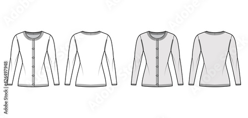 Round neck cardigan sweater technical fashion illustration with long sleeves, fitted body, hip length, knit rib cuff. Flat jumper apparel front, back, white grey color style. Women, unisex CAD mockup