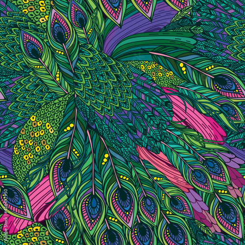 Vector seamless pattern of peacock feathers Endless background.Vector backdrop. Bright pattern. Use for wallpaper, web page background.
