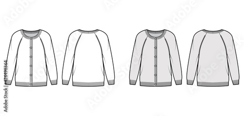 Round neck cardigan technical fashion illustration with button closure, long raglan sleeves, oversized, hip length. Flat Sweater apparel front, back, white grey color style. Women, unisex CAD mockup