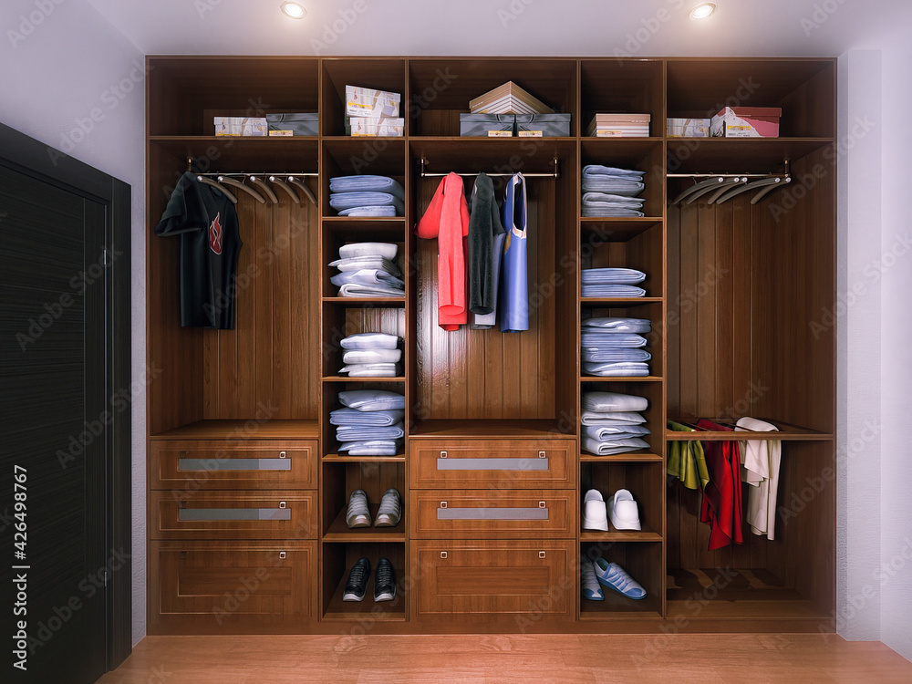 3d rendering minimal scandinavian wood walk in closet with wardrobe Stock  Photo - Alamy