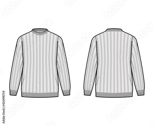 Ribbed Sweater technical fashion illustration with rib crew neck, long sleeves, oversized, hip length, knit cuff trim. Flat jumper apparel front, back, grey color style. Women, men unisex CAD mockup