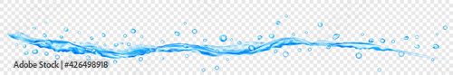 Translucent water jet with drops in light blue colors, isolated on transparent background. Transparency only in vector file