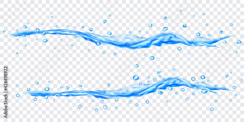 Translucent water jets with drops in light blue colors, isolated on transparent background. Transparency only in vector file