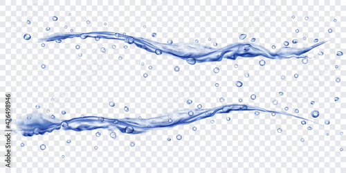 Translucent water jets with drops in blue colors, isolated on transparent background. Transparency only in vector file