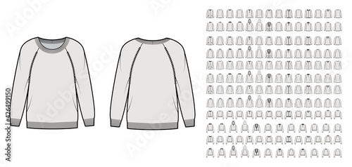 Set of Sweaters, cardigans technical fashion illustration with hood long raglan sleeves, waist, hip length, knit rib trim. Flat jumpers apparel front, back grey color. Women men unisex CAD mockup