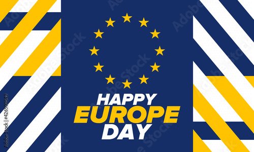 Europe Day. Annual public holiday in May. Is the name of two annual observance days - 5 May by the Council of Europe and 9 May by the European Union. Poster, card, banner and background. Vector