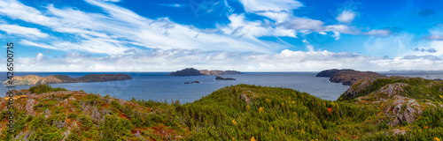 Panoramic View of a Canadian Landscape on the Atlantic Ocean Coast. Colorful Blue Sky Art Render. Taken in Pikes Arm, Newfoundland and Labrador, Canada.
