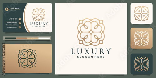 minimalist Elegant golden luxury ornament pattern line art gold logo design and business card. Premium Vector