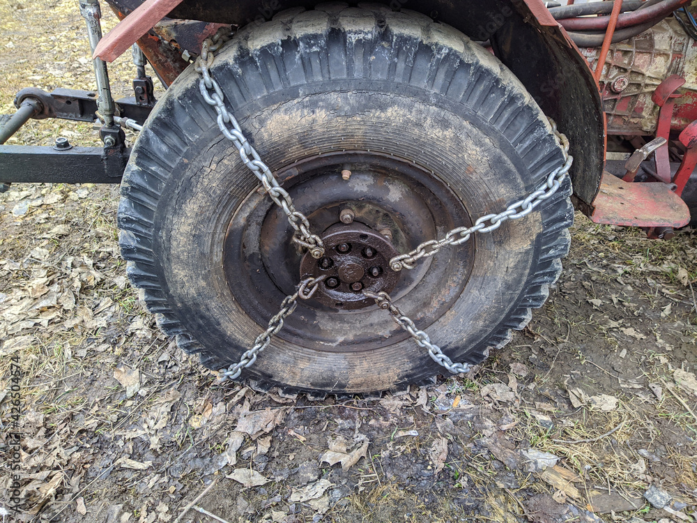 wheel from the car wrapped in a chain closeup photo wheel from the car wrapped in a chain closeup photo