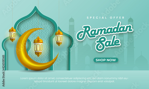 ramadan sale background with lantern and moon siluet mosque