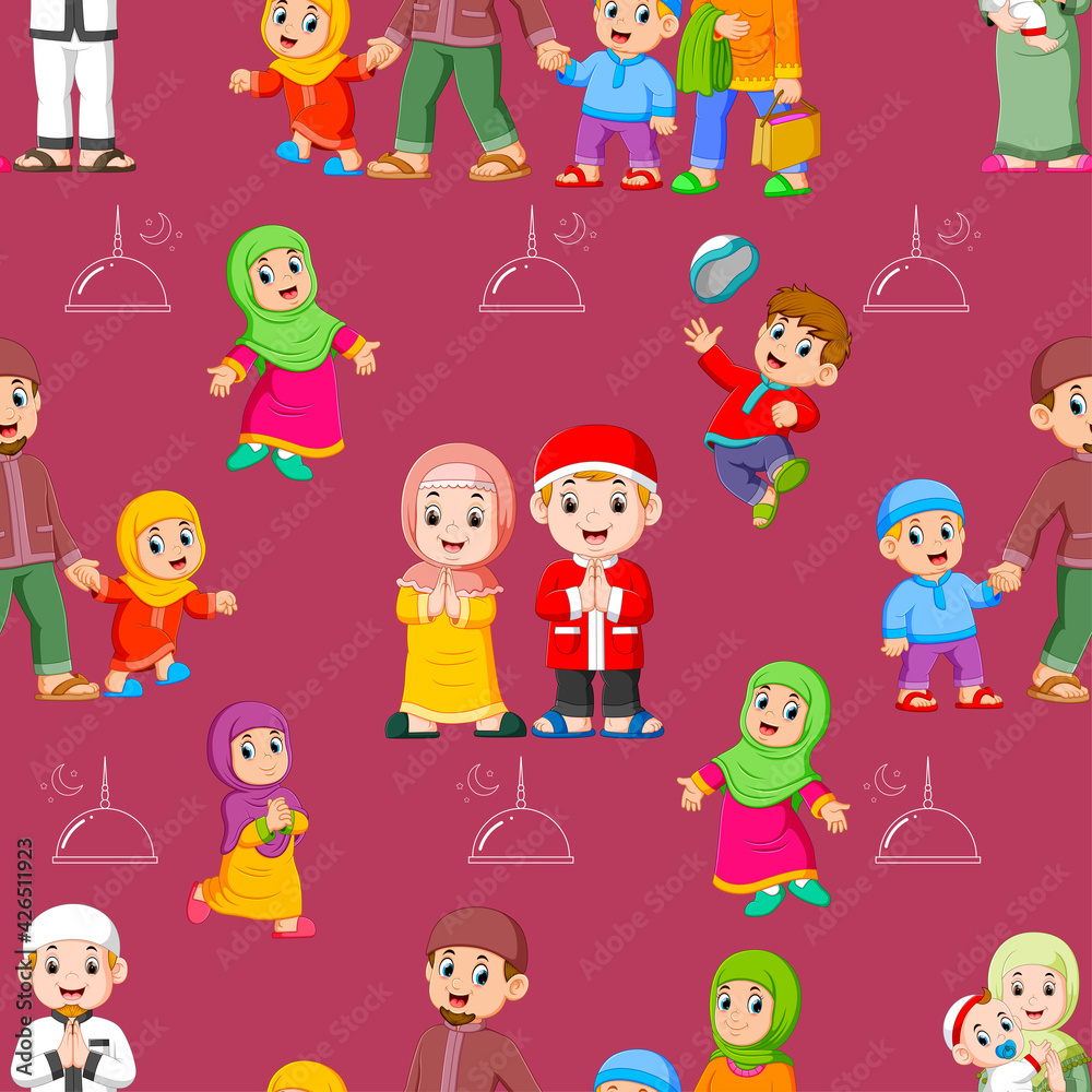 The collection of the children doing the activity on the ramadhan in pattern set The collection of the children doing the activity on the ramadhan in pattern set