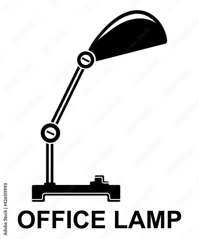 Black office lamp symbol isolated on white. Black desk lamp icon graphic for use in business, brainstorm, school and learning projects.