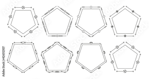 Flower and leaf vector line frames pentagon, dividers on isolated white. Decorative ornaments for scrapbook, card, book, wedding invate, menu or certificate. Chapter decorations and delimiters set.