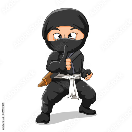 The ninja is wearing black suit and giving thumbs up