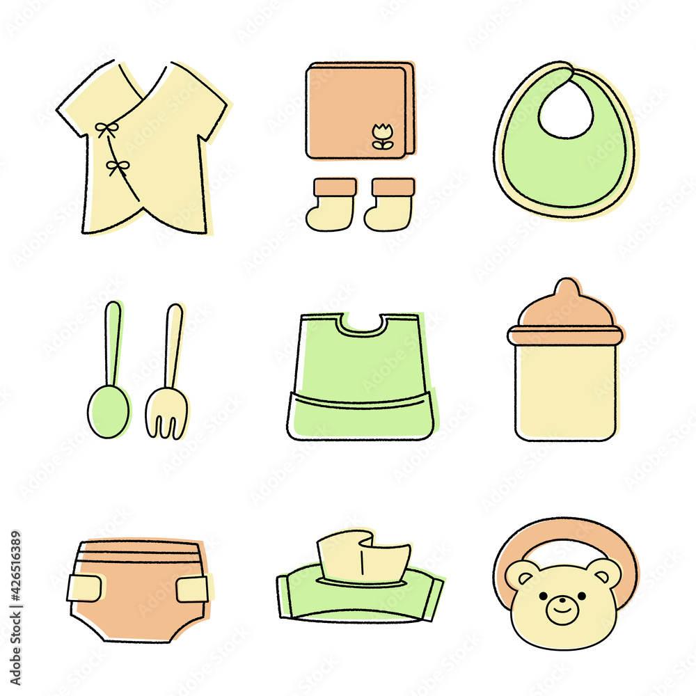 手描き風 赤ちゃんグッズアイコンセット カラー Stock Vector Adobe Stock