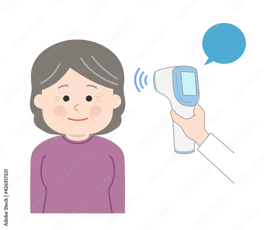 The elderly woman is checked for her temperature using a non-contact thermometer for coronavirus. Vector illustration isolated on white background. The elderly woman is checked for her temperature using a non-contact thermometer for coronavirus. Vector illustration isolated on white background.