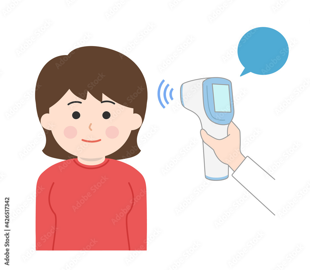 A woman is checked for her temperature using a non-contact thermometer for coronavirus. Vector illustration isolated on white background. A woman is checked for her temperature using a non-contact thermometer for coronavirus. Vector illustration isolated on white background.