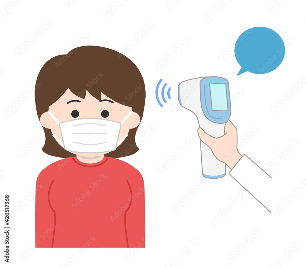 A woman wearing a mask is checked for her temperature using a non-contact thermometer for coronavirus. Vector illustration isolated on white background. A woman wearing a mask is checked for her temperature using a non-contact thermometer for coronavirus. Vector illustration isolated on white background.
