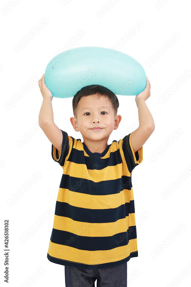 Portrait of Asian little baby boy lift up cyan balloon on head isolated on white background with clipping path Portrait of Asian little baby boy lift up cyan balloon on head isolated on white background with clipping path