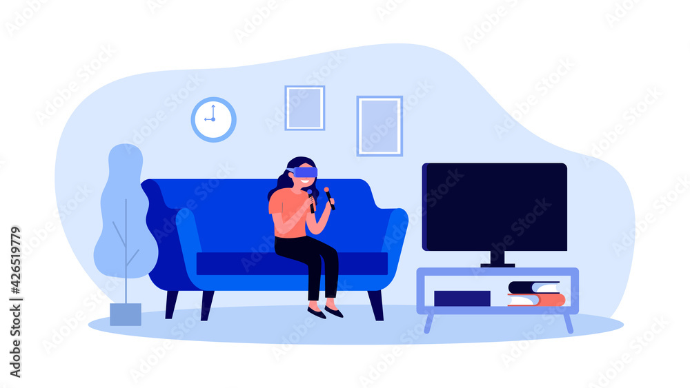 Girl in VR glasses playing game on TV. Happy woman in VR headset with controllers flat vector illustration. Virtual reality, modern entertainment concept for banner, website design or landing web page