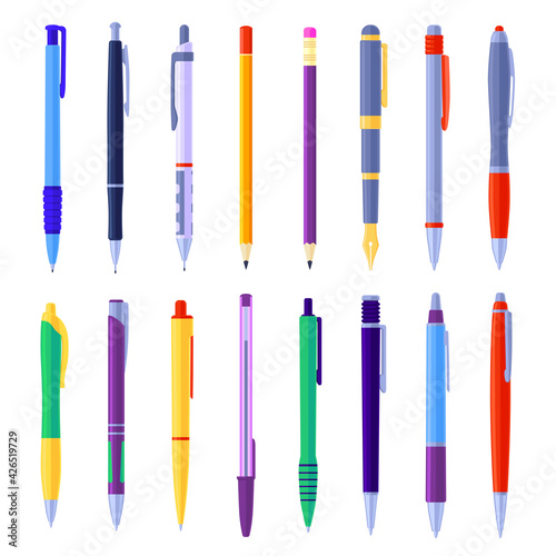 Types of pens and pencils vector illustrations set. Cartoon collection of school writing tools, ink pens, mechanical pencils on white background. School, writing materials, stationery concept
