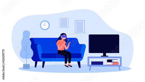Girl in VR glasses playing game on TV. Happy woman in VR headset with controllers flat vector illustration. Virtual reality, modern entertainment concept for banner, website design or landing web page