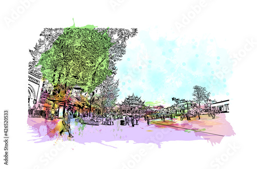 Building view with landmark of Dujiangyan is the city of China. Watercolour splash with hand drawn sketch illustration in vector.