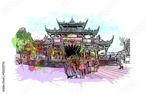 Building view with landmark of Dujiangyan is the city of China. Watercolour splash with hand drawn sketch illustration in vector.