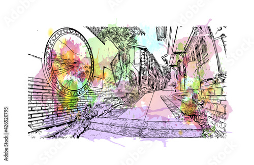 Building view with landmark of Dujiangyan is the city of China. Watercolour splash with hand drawn sketch illustration in vector.