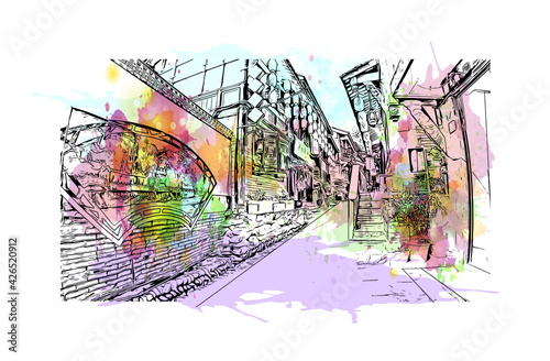 Building view with landmark of Dujiangyan is the city of China. Watercolour splash with hand drawn sketch illustration in vector.